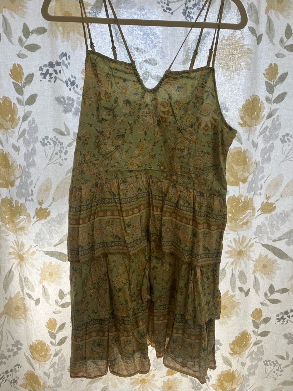 American Eagle Outfitters Olive Green Floral Tiered Slip Dress